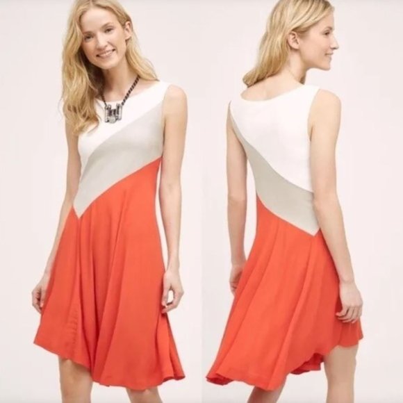 Maeve Anthropologie Cameron Colorblock Fit & Flare Dress Cream Orange La… - Picture 1 of 12